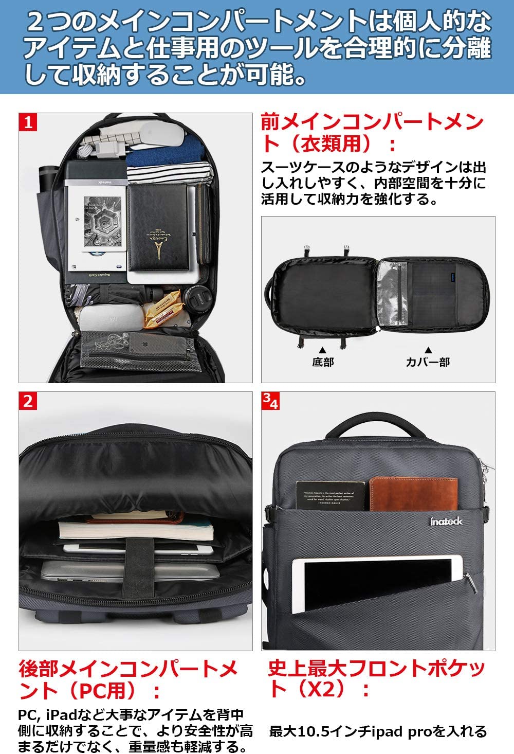 40L 17インチキャリーオン トラベルバック BP03001,gray - Inateckバックパックジャパン