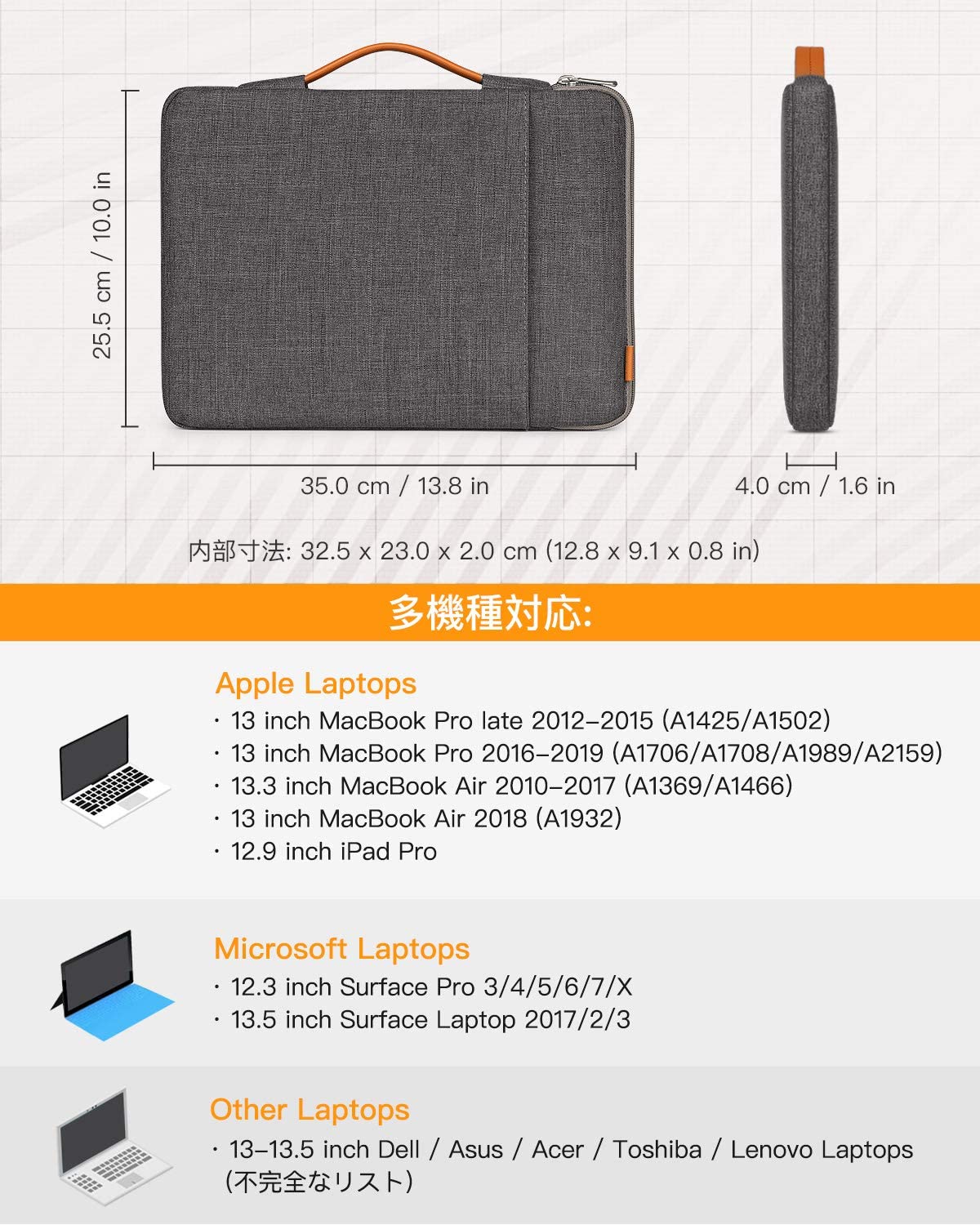 13-13.5インチ MacBook Air/Pro Surface Pro X/7/6/5/4 /3/ 12.4インチSurface Laptop Go ラップトップ スリーブケース LB02006-dark gray - Inateckバックパックジャパン