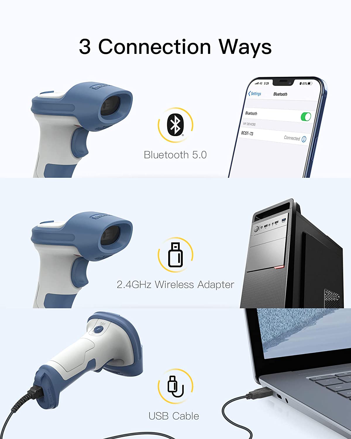 2D バーコードリーダー、液晶画面読み取り、内置きBluetoothと2.4GHz USBアダプタ付、BCST-73 - Inateckバックパックジャパン
