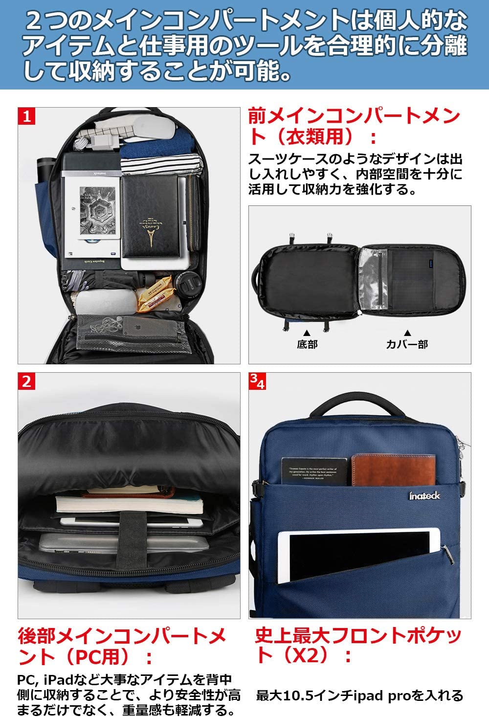 40L 17インチキャリーオン トラベルバック BP03001，blue - Inateckバックパックジャパン