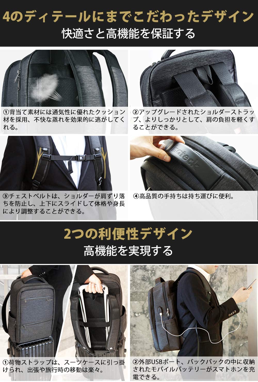 15.6インチ ラップトップバックパック USB充電ポート付き 撥水加工　CB1001，black - Inateckバックパックジャパン
