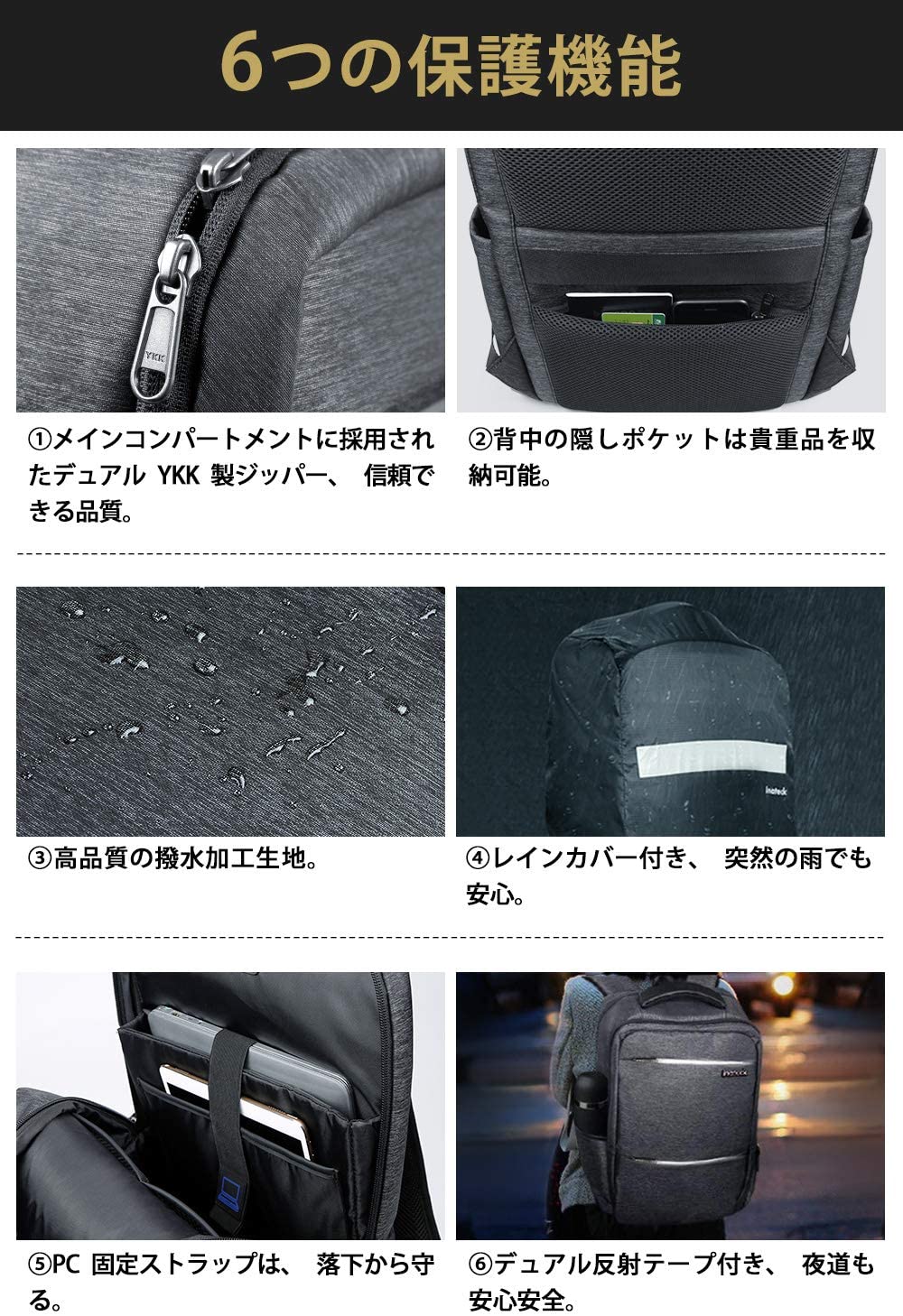 15.6インチ ラップトップバックパック USB充電ポート付き 撥水加工　CB1001，black - Inateckバックパックジャパン