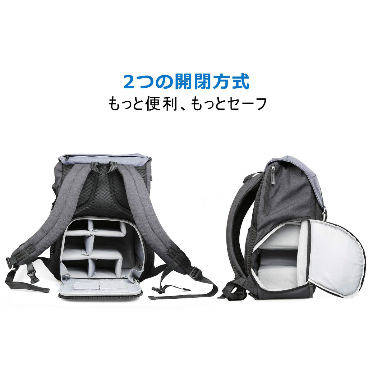デュアルレイヤーカメラバックパック ノートブックコンパートメント、間仕切りパッド、アクセサリー収納室、DSLRカメラ用調節可能なレンズコンパートメント、三脚ホルダー、レインカバー付き CB2001，Blue - Inateckバックパックジャパン