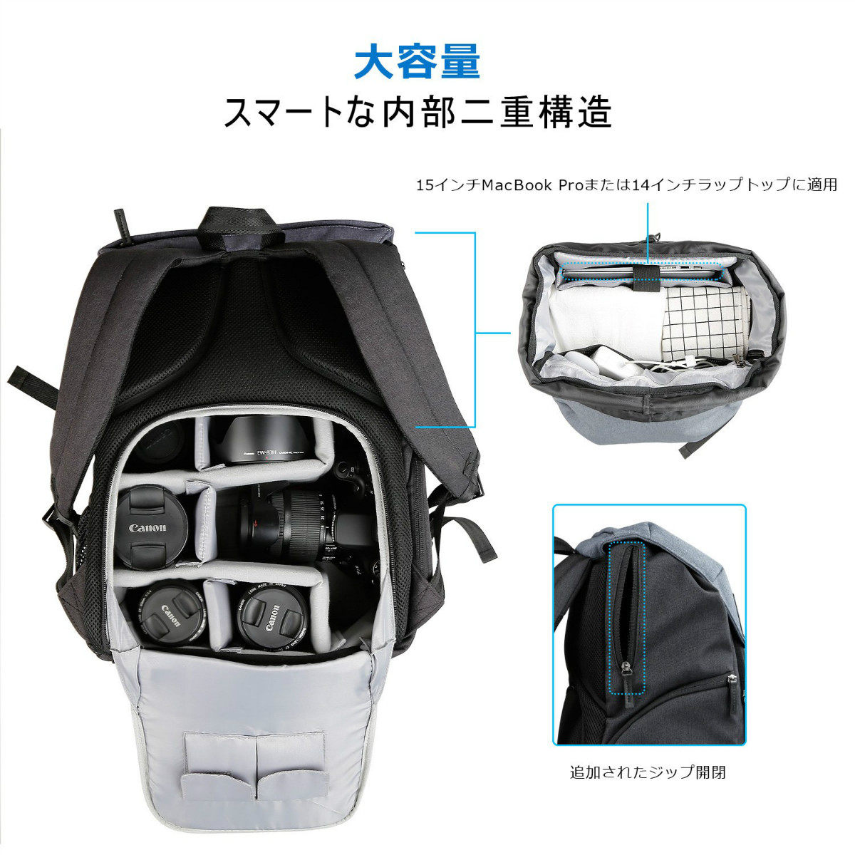 デュアルレイヤーカメラバックパック ノートブックコンパートメント、間仕切りパッド、アクセサリー収納室、DSLRカメラ用調節可能なレンズコンパートメント、三脚ホルダー、レインカバー付き CB2001，Blue - Inateckバックパックジャパン