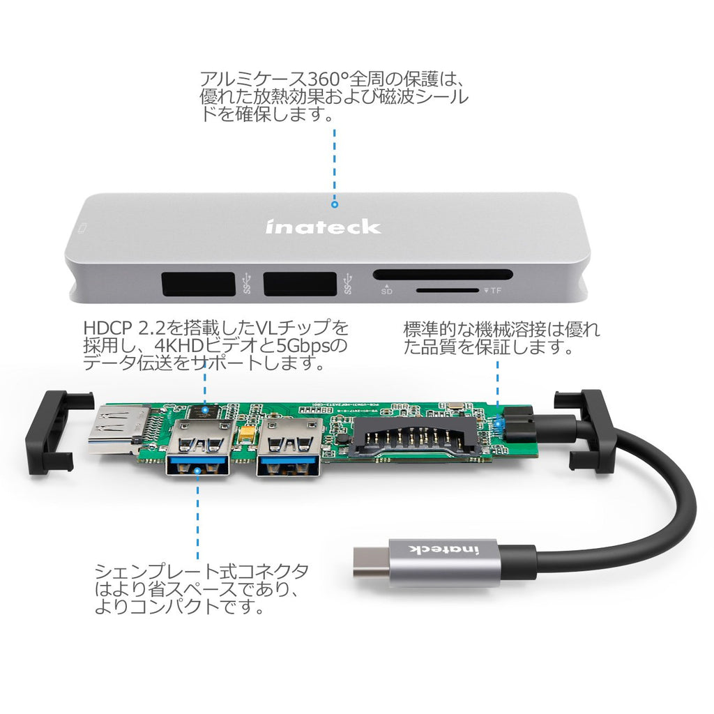 Inateck アルミ製 USB3.1 Gen1タイプCハブ/アダプタ，シルバー，TCH4001 - Inateckバックパックジャパン
